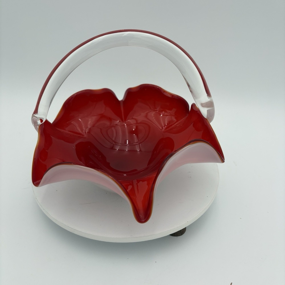 Vintage Japanese Art Glass Handkerchief Bowl With Clear Handle Red 6" X‎ 7"